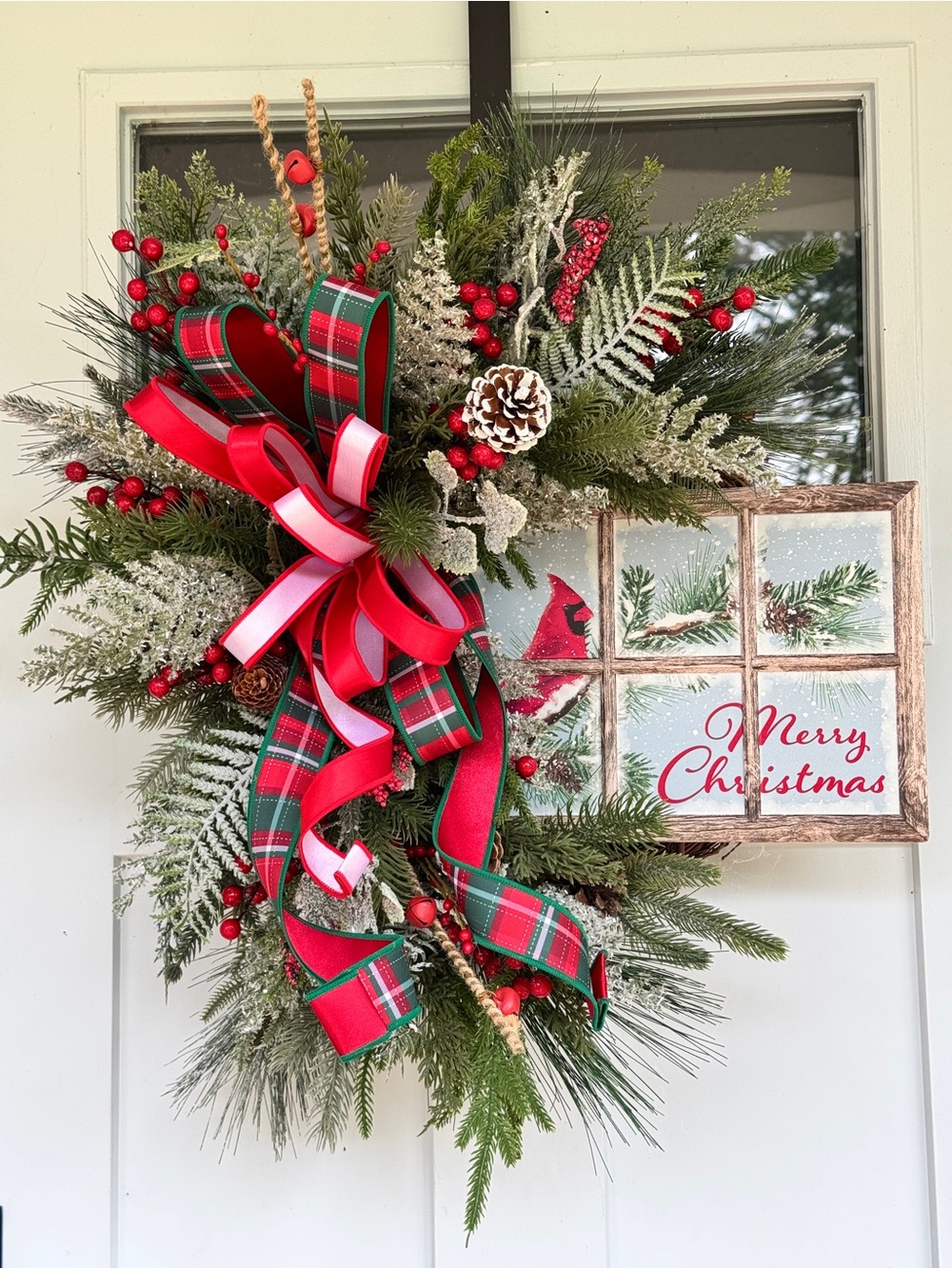 Christmas Wreath with Cardinal Window Pane Sign